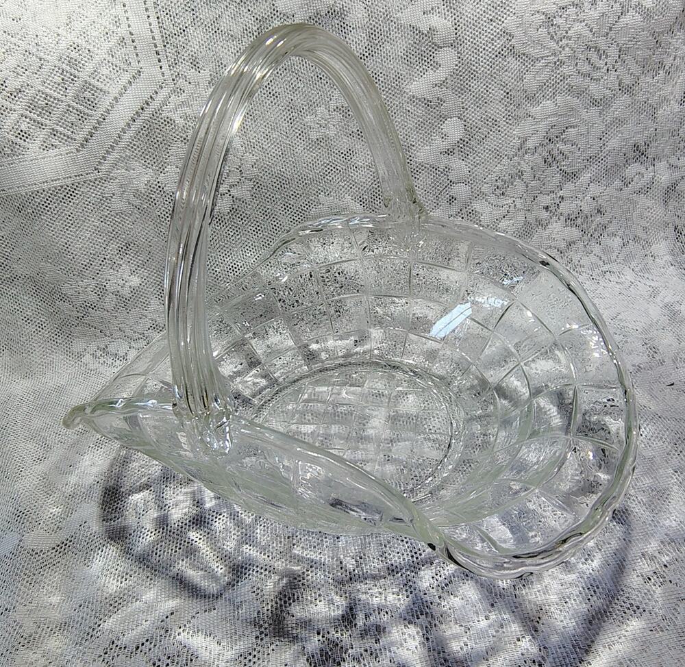 Vintage Large Decorative Clear Glass Basket With Applied Handle